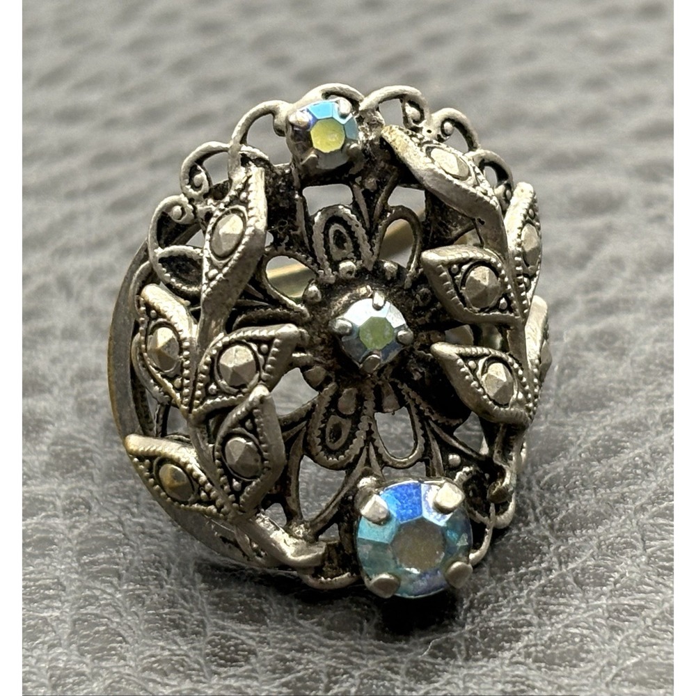 VTG  Sarah Coventry Ring Filigree Silver Tone AB Crystal Rhinestone Adjustable